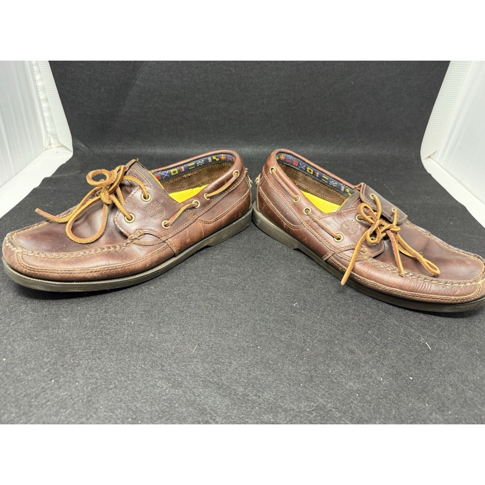 Timberland Brown Leather Boat Shoes Mens 9 Lace Up Moc Toe Casual Deck Loafers - Picture 6 of 8